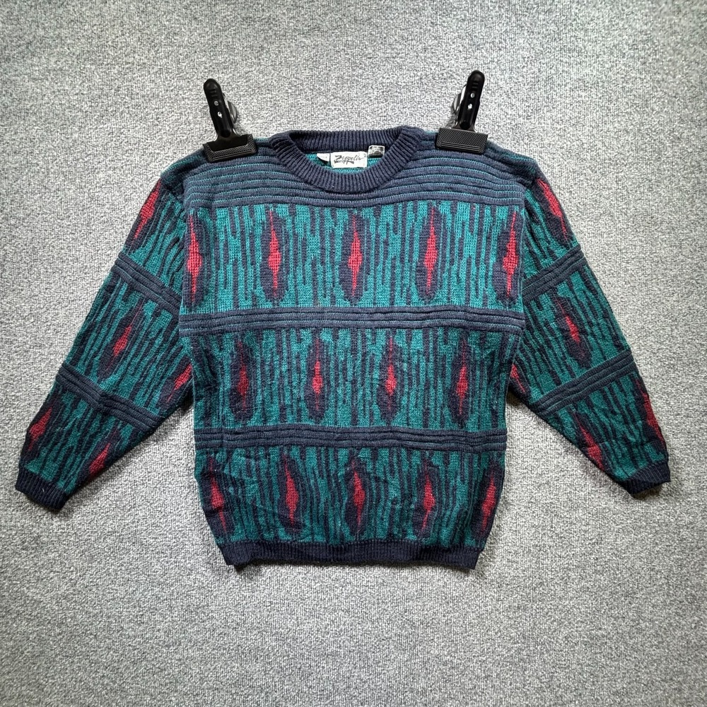 Vintage Zeppelin Sweater Mens Large Teal Blue Abstract Textured Knit Streetwear
